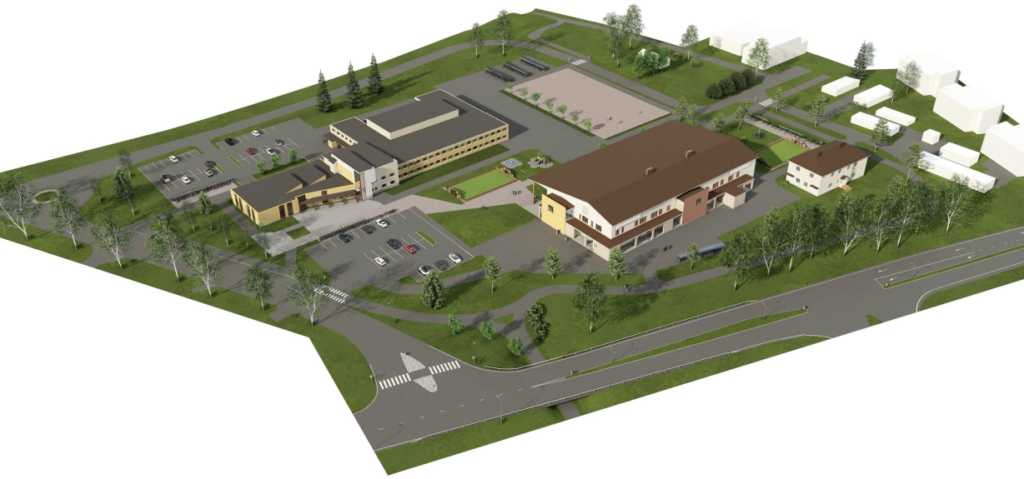 Havainnekuva, tietokoneella piirretty, kuvaa ylhäältä päin Juhani Vuorisen koulun, lukion ja Raasakan koulun tonttia, liikennejärjestelyjä ja rakennusten sijoittelua 2024, kun uusi Raasakan koulu on valmistunut.