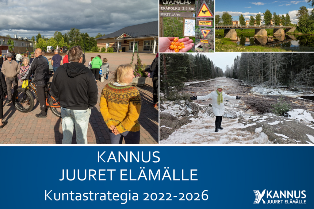 Kannus Juuret elämälle -kuntastrategia 2022-2026 kansikuvassa ihmisiä torilla, eräpolku, vanha silta, ihminen talvisen kosken rannalla.