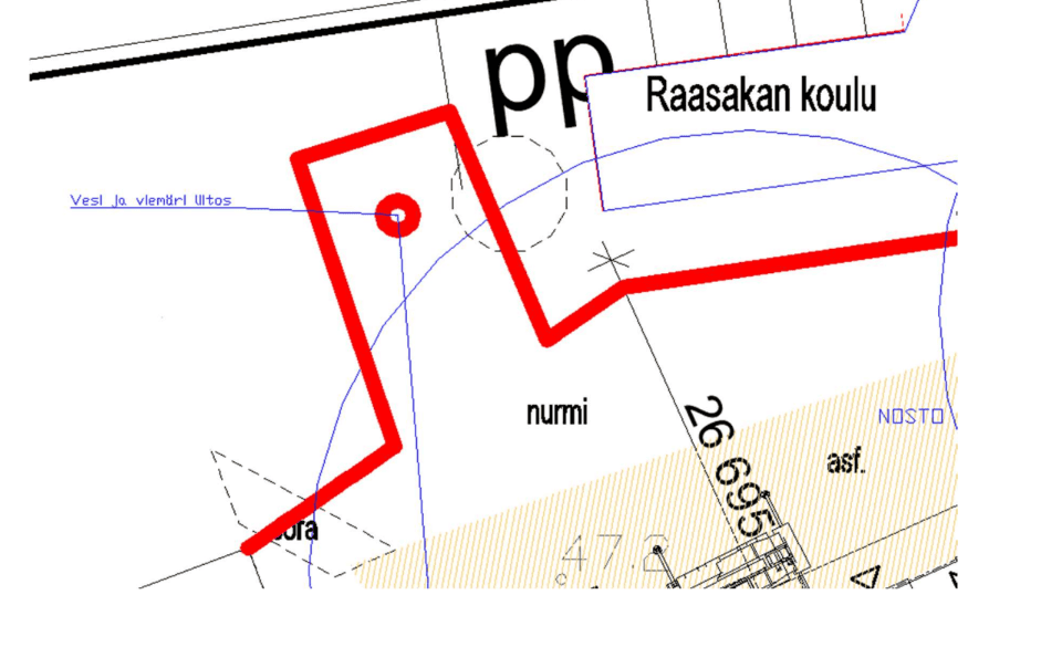 Karttapiirros Raasakan koulun rakennustyömaan vesi- ja viemäriliitostöiden aiheuttamista liikennejärjestelyistä. Kulkureitti piirretty karttaan punaisella.