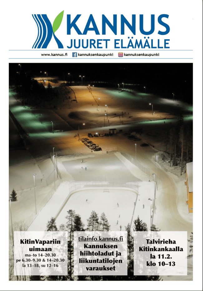 Kannus - Juuret elämälle, tiedotuslehden kansikuva. Kuvassa hiihtostadion iltavalaistuksessa.