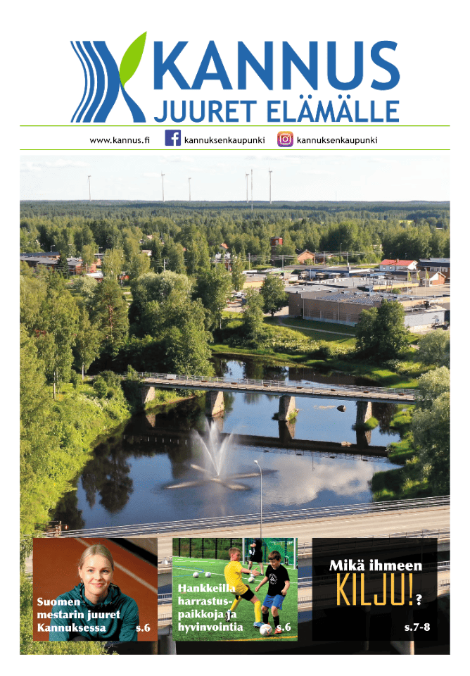 Kannuksen kaupungin tiedotuslehden 2/2023 kansi. Kuvassa ilmakuva joesta, suihkulähteestä ja kahdesta sillasta. Pikkukuvissa naisurheilija ja jalkapallojunioreita.