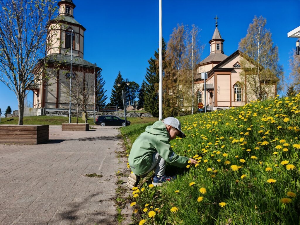 lapsi kerää kukkia